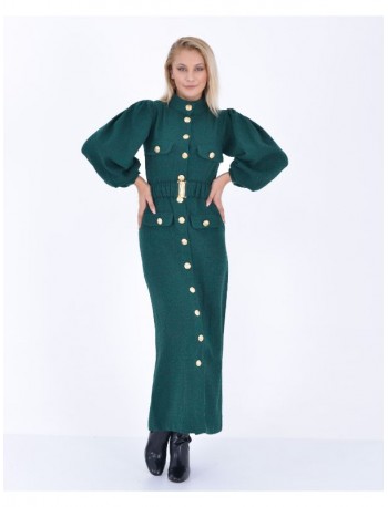 Kazayağı Kemer ve Gold Düğme Detaylı Premium Elbise Yeşil